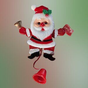 Vintage Hong Kong Santa Lapel Pin – Motion Pull String With Dangling Bell